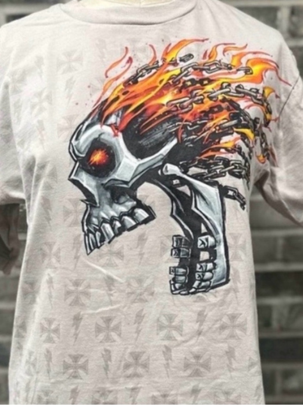 Y2K Cygnus Flame Skull Graphic T Shirt Biker Gothic Grunge Mens M